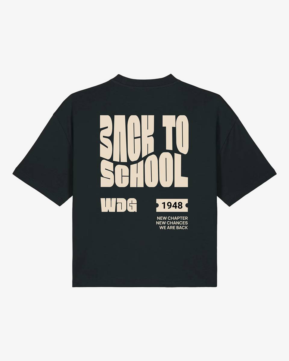 Schwarzes Oversized T-Shirt für Damen mit modernem Back To School Design